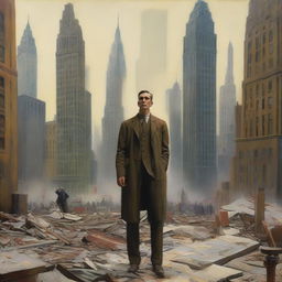 A male war artist from the 1920s, standing in a makeshift studio amidst the chaos of World War I