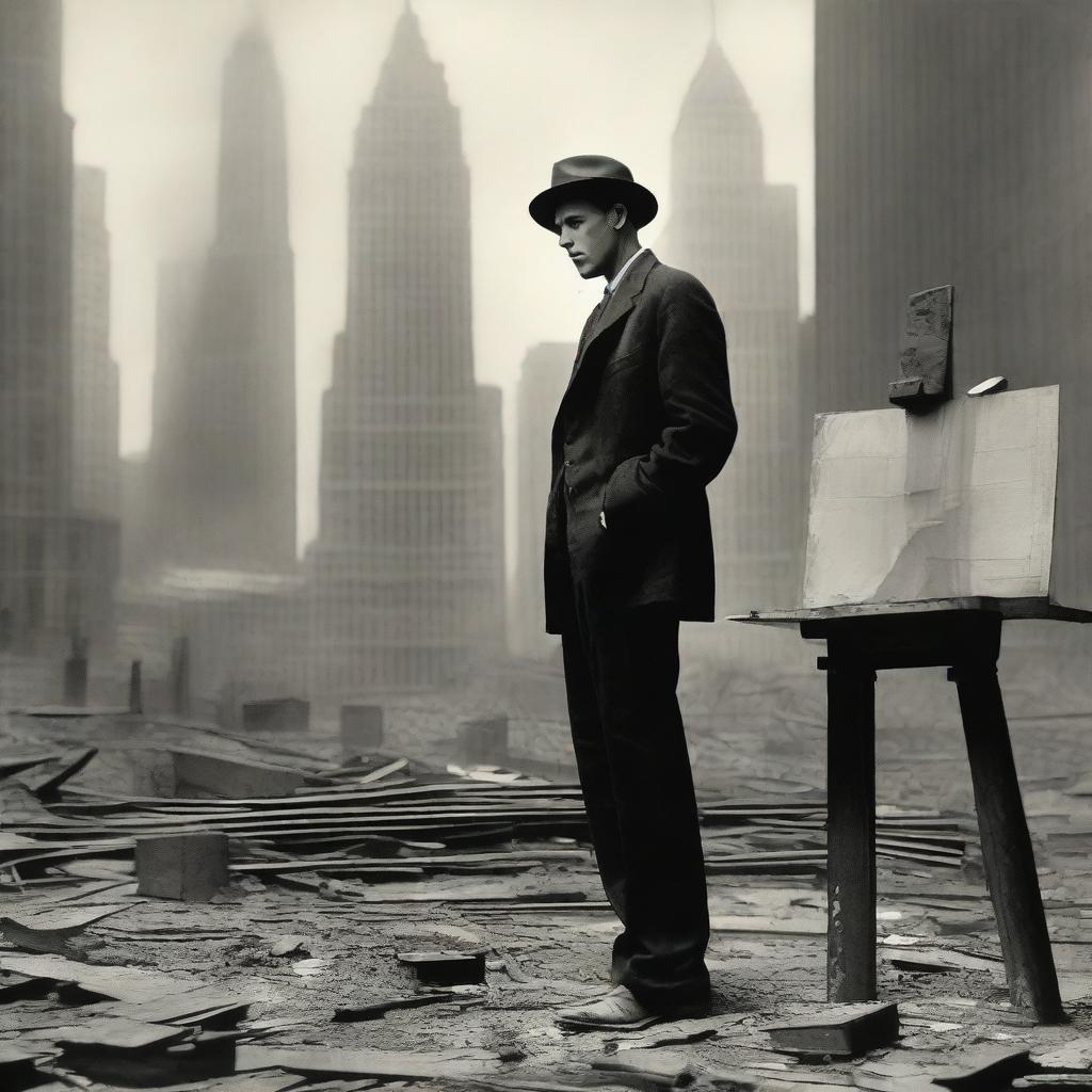 A male artist from the 1920s, standing in a makeshift studio during World War I, passionately painting 1920s New York skyscrapers