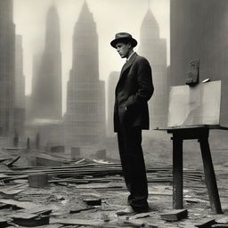 A male artist from the 1920s, standing in a makeshift studio during World War I, passionately painting 1920s New York skyscrapers
