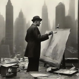 A male artist from the 1920s, standing in a makeshift studio during World War I, passionately painting 1920s New York skyscrapers