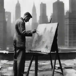 A male artist from the 1920s, standing in a makeshift studio during World War I, passionately painting 1920s New York skyscrapers
