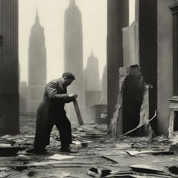 A male artist from the 1920s, in a makeshift studio amidst the chaos of war, passionately painting New York skyscrapers from the 1920s
