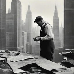 A male artist from the 1920s, in a makeshift studio amidst the chaos of war, passionately painting New York skyscrapers from the 1920s