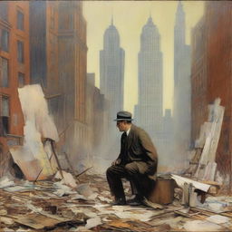 A male artist from the 1920s, in a makeshift studio amidst the chaos of war, passionately painting New York skyscrapers from the 1920s