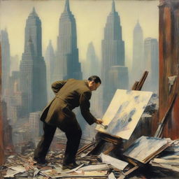 A male artist from the 1920s, in a makeshift studio amidst the chaos of war, passionately painting New York skyscrapers from the 1920s