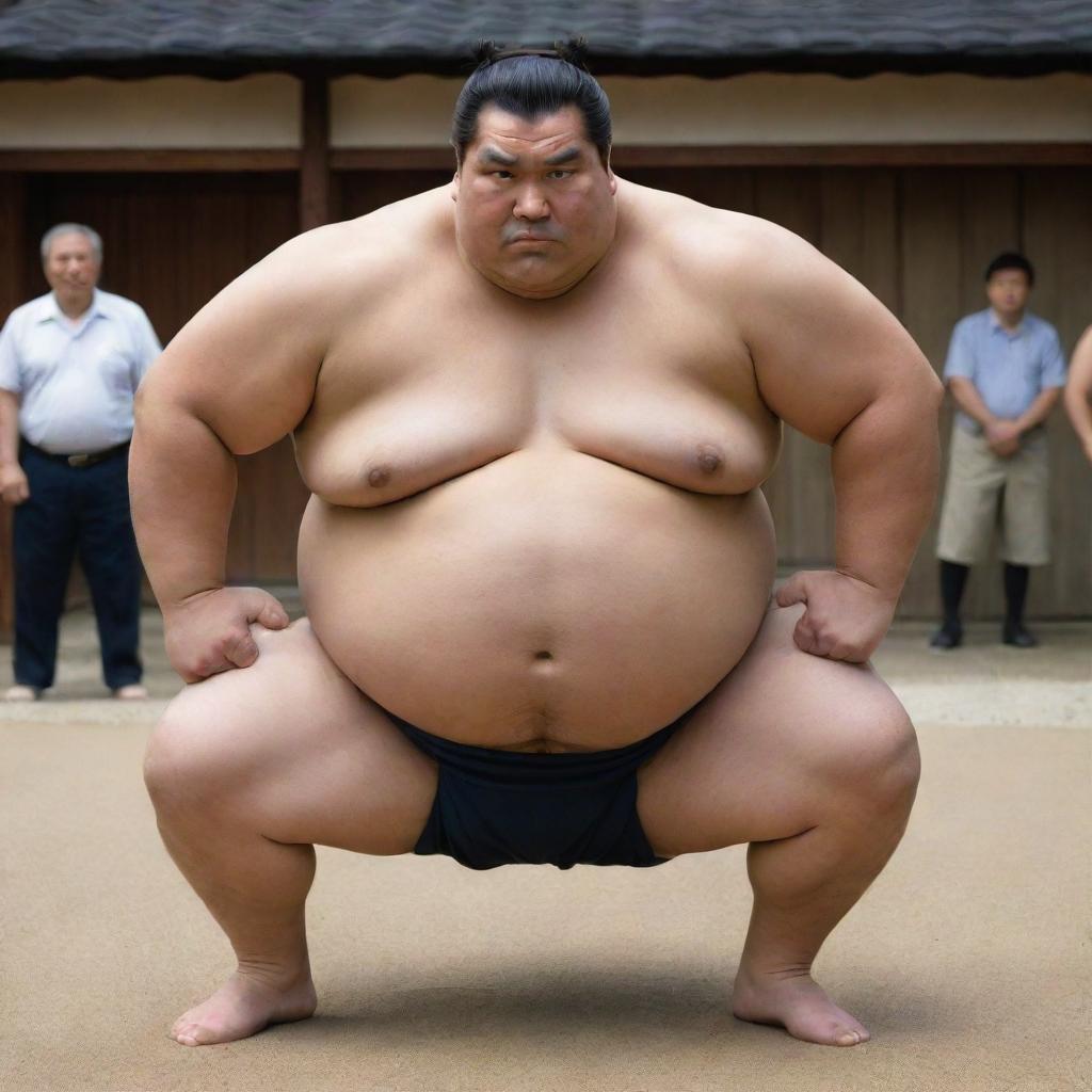 A sumo wrestler of considerable size in traditional mawashi, in the midst of a powerful and determined stance, filled with an imposing presence.