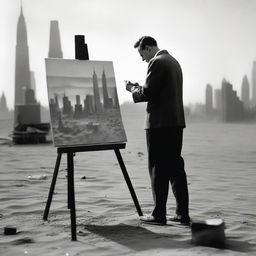 A male artist from the 1920s, standing in a makeshift studio set up in the middle of a desert during wartime, passionately painting New York skyscrapers from the 1920s