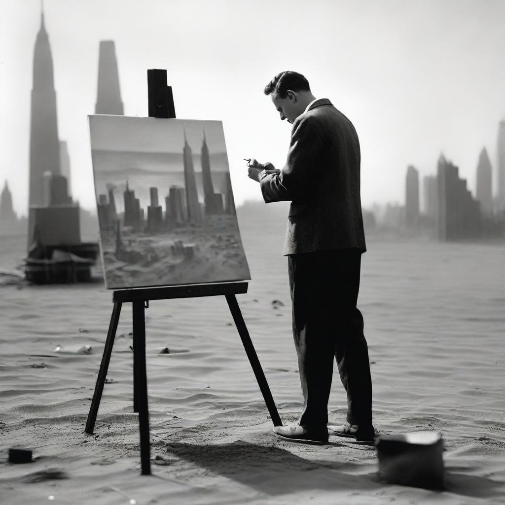 A male artist from the 1920s, standing in a makeshift studio set up in the middle of a desert during wartime, passionately painting New York skyscrapers from the 1920s