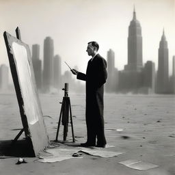 A male artist from the 1920s, standing in a makeshift studio set up in the middle of a desert during wartime, passionately painting New York skyscrapers from the 1920s