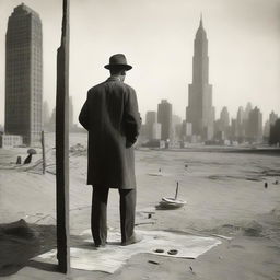 A male artist from the 1920s, standing in a makeshift studio set up in the middle of a desert during wartime, passionately painting New York skyscrapers from the 1920s