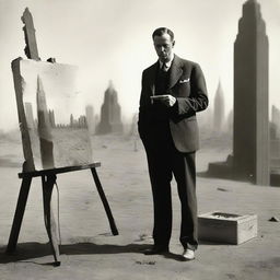 A male artist from the 1920s, standing in a makeshift studio set up in the middle of a desert during wartime, passionately painting New York skyscrapers from the 1920s