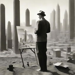 An artist from the 1920s, standing in a makeshift studio set in a desert during wartime, passionately painting New York skyscrapers from the 1920s