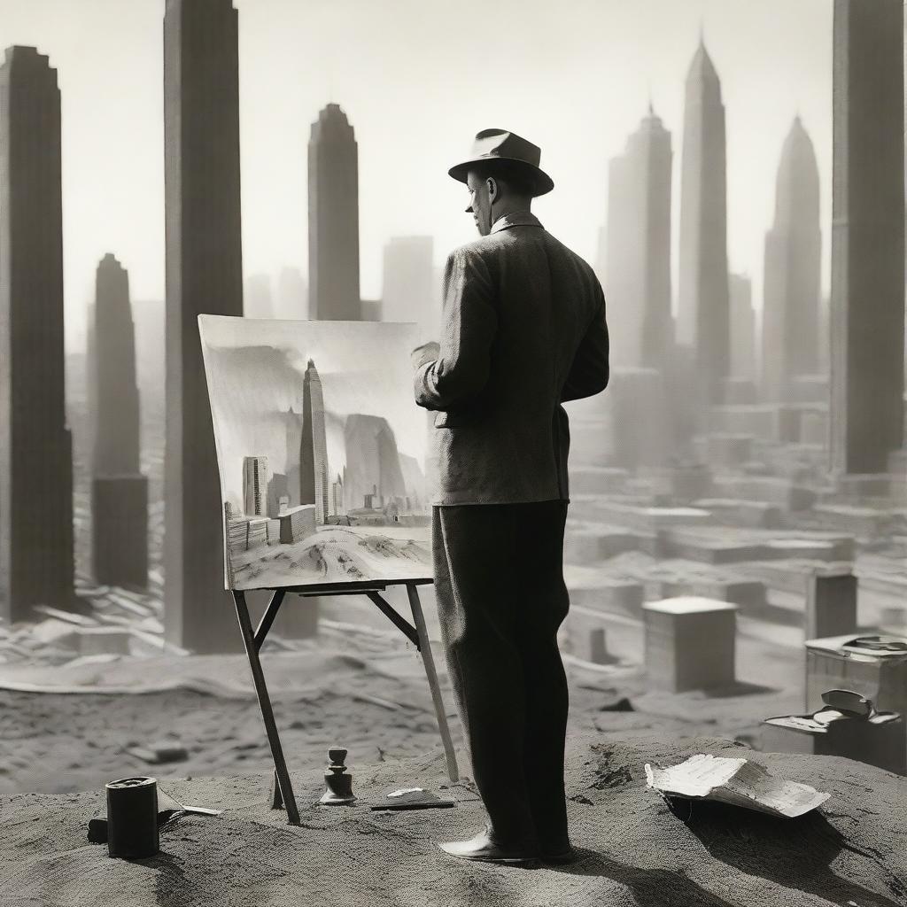 An artist from the 1920s, standing in a makeshift studio set in a desert during wartime, passionately painting New York skyscrapers from the 1920s