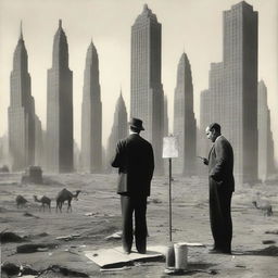 An artist from the 1920s, standing in a makeshift studio set in a desert during wartime, passionately painting New York skyscrapers from the 1920s