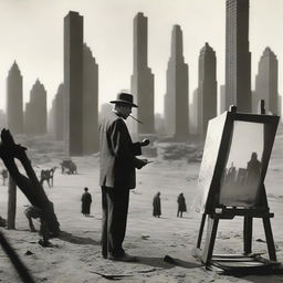 An artist from the 1920s, standing in a makeshift studio set in a desert during wartime, passionately painting New York skyscrapers from the 1920s