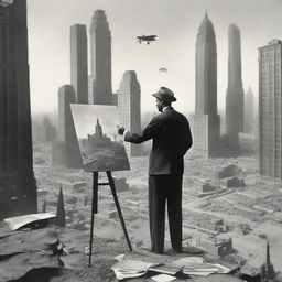 An artist from the 1920s, standing in a makeshift studio set in a desert during wartime, passionately painting New York skyscrapers from the 1920s