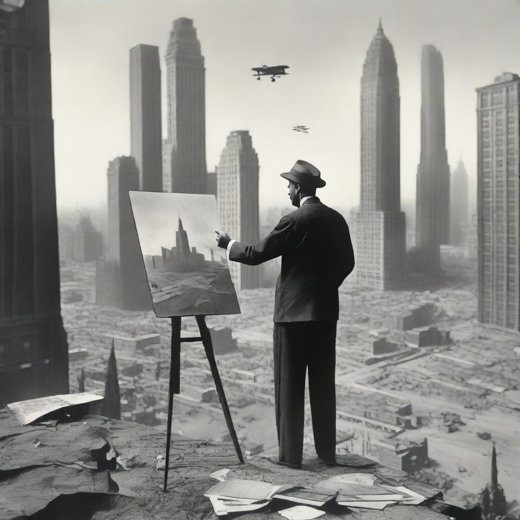 An artist from the 1920s, standing in a makeshift studio set in a desert during wartime, passionately painting New York skyscrapers from the 1920s