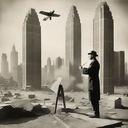 An artist from the 1920s, standing in a makeshift studio set in a desert during wartime, passionately painting New York skyscrapers from the 1920s