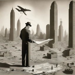 An artist from the 1920s, standing in a makeshift studio set in a desert during wartime, passionately painting New York skyscrapers from the 1920s