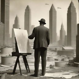 An artist from the 1920s, standing in a makeshift studio set in a desert during wartime, passionately painting New York skyscrapers from the 1920s