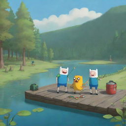 Adventure Time's Finn and Fiona cheerfully setting up their fishing equipment by a tranquil lake surrounded by lush greenery.