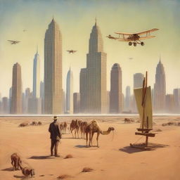 An artist painting 1920s New York skyscrapers in the middle of a vast desert