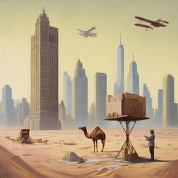 An artist painting 1920s New York skyscrapers in the middle of a vast desert