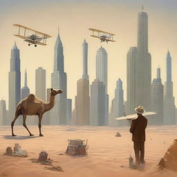 An artist painting 1920s New York skyscrapers in the middle of a vast desert