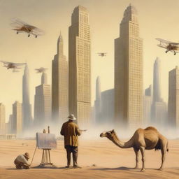 An artist painting 1920s New York skyscrapers in the middle of a vast desert