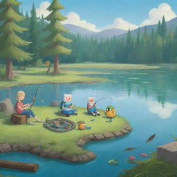 Adventure Time's Finn and Fiona cheerfully setting up their fishing equipment by a tranquil lake surrounded by lush greenery.