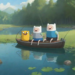 Adventure Time's Finn and Fiona cheerfully setting up their fishing equipment by a tranquil lake surrounded by lush greenery.