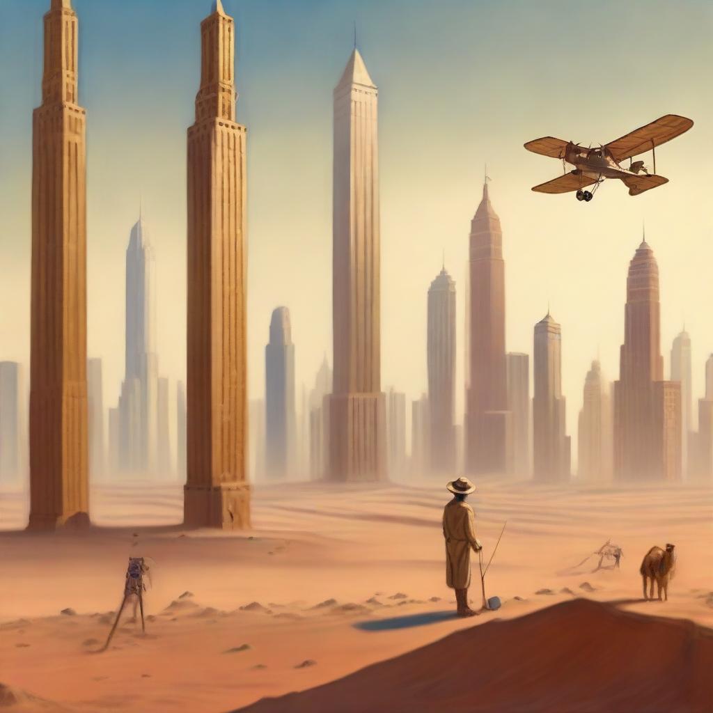 An artist standing at an easel in the middle of a desert, painting 1920s New York skyscrapers