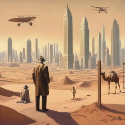 An artist standing at an easel in the middle of a desert, painting 1920s New York skyscrapers