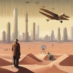 An artist standing at an easel in the middle of a desert, painting 1920s New York skyscrapers