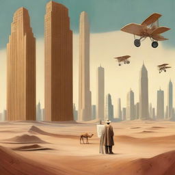 An artist standing at an easel in the middle of a desert, painting 1920s New York skyscrapers