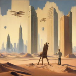 A painter standing at an easel in the middle of a desert, painting 1920s New York skyscrapers