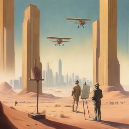 A painter standing at an easel in the middle of a desert, painting 1920s New York skyscrapers