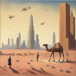 A painter standing at an easel in the middle of a desert, painting 1920s New York skyscrapers