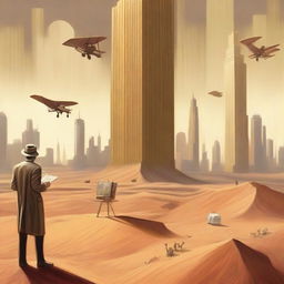 A painter standing at an easel in the middle of a desert, painting 1920s New York skyscrapers