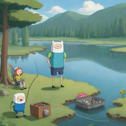 Adventure Time's Finn and Fiona cheerfully setting up their fishing equipment by a tranquil lake surrounded by lush greenery.