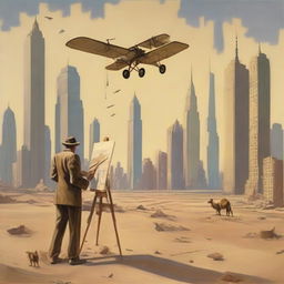 A painter from the 1920s is seen painting amidst the towering New York skyscrapers that are inexplicably set in a vast desert