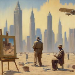 A painter from the 1920s is seen painting amidst the towering New York skyscrapers that are inexplicably set in a vast desert