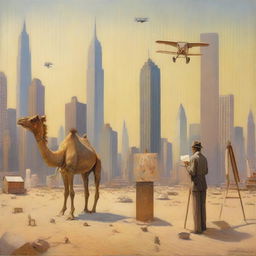 A painter from the 1920s is seen painting amidst the towering New York skyscrapers that are inexplicably set in a vast desert