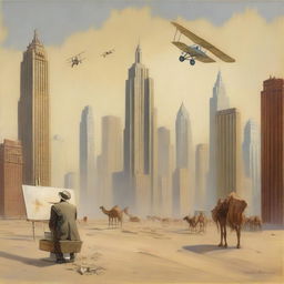 A painter from the 1920s is seen painting amidst the towering New York skyscrapers that are inexplicably set in a vast desert