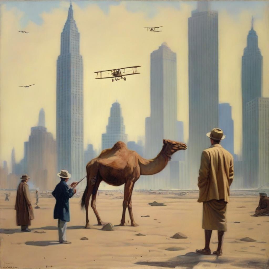 A Scottish painter from the 1920s is seen painting amidst the towering New York skyscrapers that are inexplicably set in a vast desert