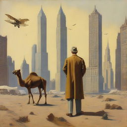A Scottish painter from the 1920s is seen painting amidst the towering New York skyscrapers that are inexplicably set in a vast desert