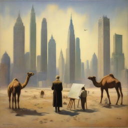 A Scottish painter from the 1920s is seen painting amidst the towering New York skyscrapers that are inexplicably set in a vast desert