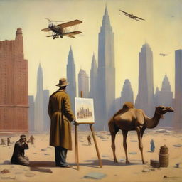 A Scottish painter from the 1920s is seen painting amidst the towering New York skyscrapers that are inexplicably set in a vast desert