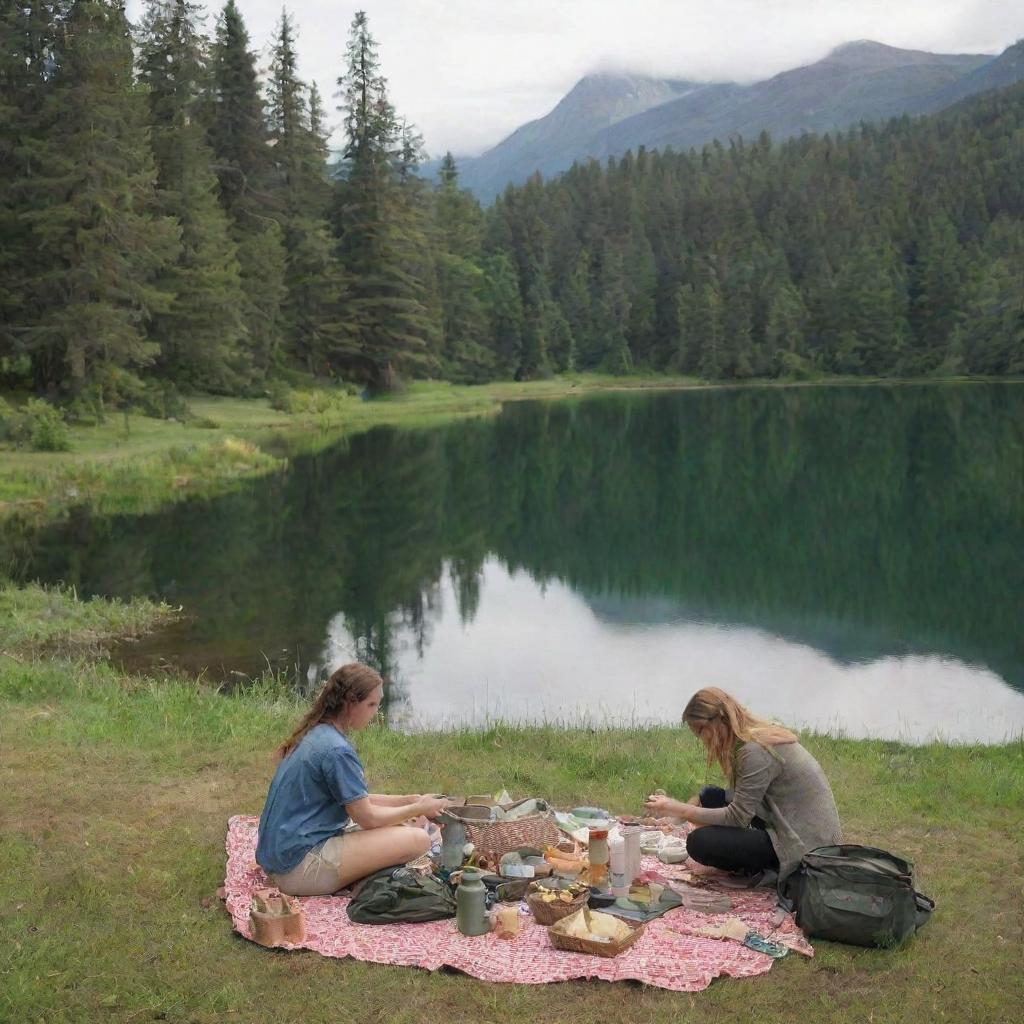 Two real people, Finn and Fiona, setting up their picnic and fishing gear by a serene lake, surrounded by greenery.