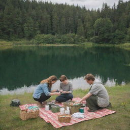 Two real people, Finn and Fiona, setting up their picnic and fishing gear by a serene lake, surrounded by greenery.